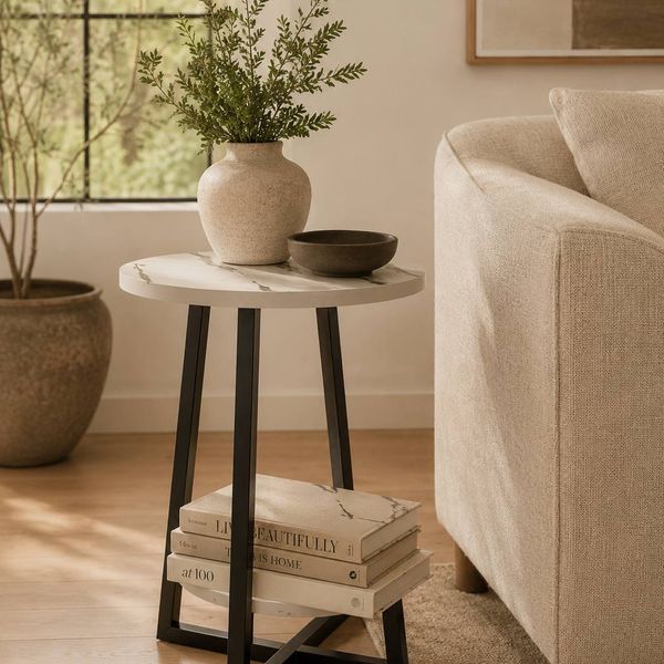 Modern Round Side Table – Marble Finish | 2-Tier Storage | Brand New in Box