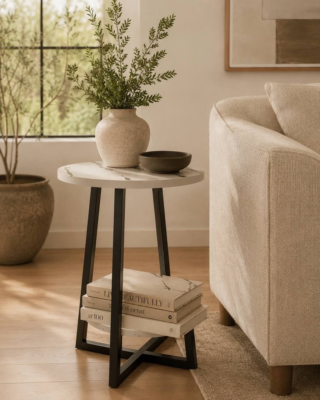 Modern Round Side Table – Marble Finish | 2-Tier Storage | Brand New in Box 1