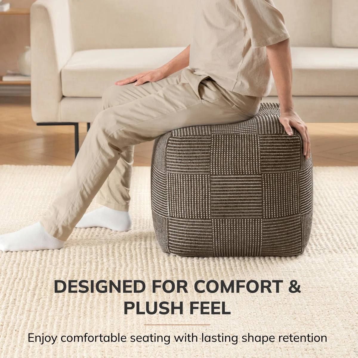 Marta 20” Mocha Grid Upholstered Pouf Ottoman – Brand New 3