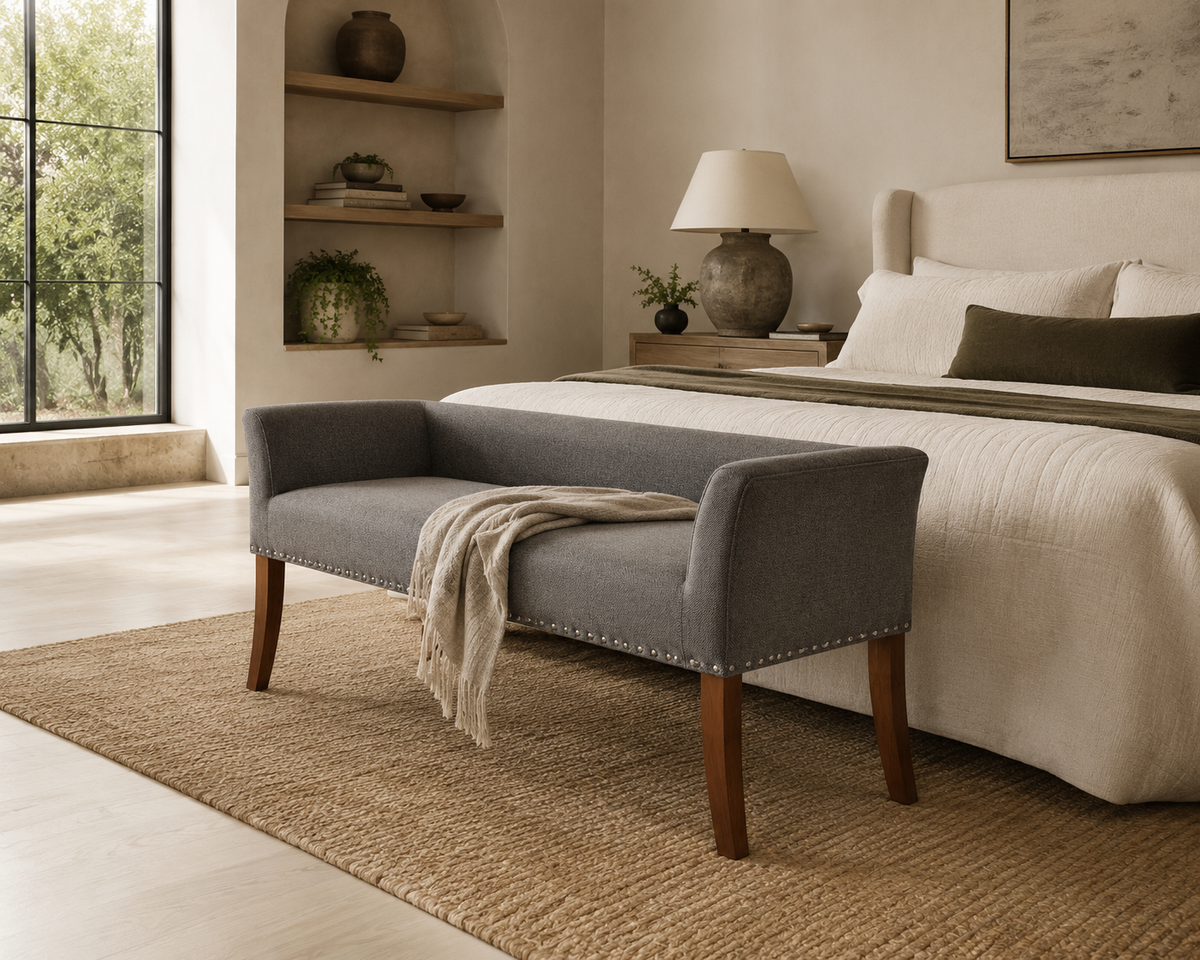 Porthos Home Nevis Upholstered Bench | Grey | QY063A GRY | Brand New 1