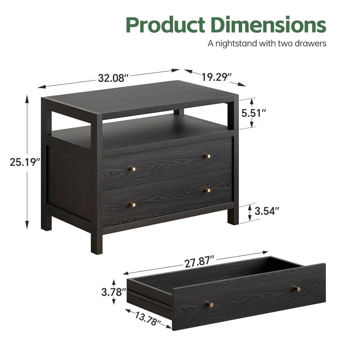 Modern Large 2-Drawer Nightstand with Open Storage – New, Assembled 6