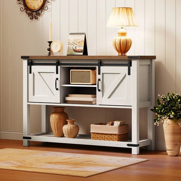 Ordonez 31.9” Console Table with Shelves – Oak & Antique White 