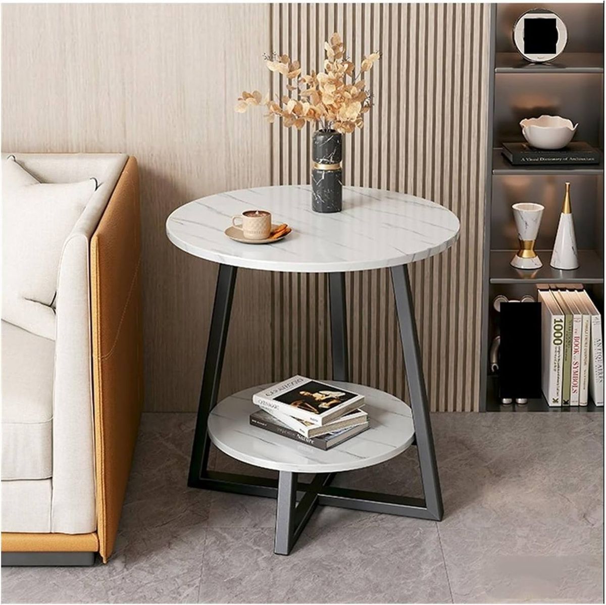 Modern Round Side Table – Marble Finish | 2-Tier Storage | Brand New in Box 3