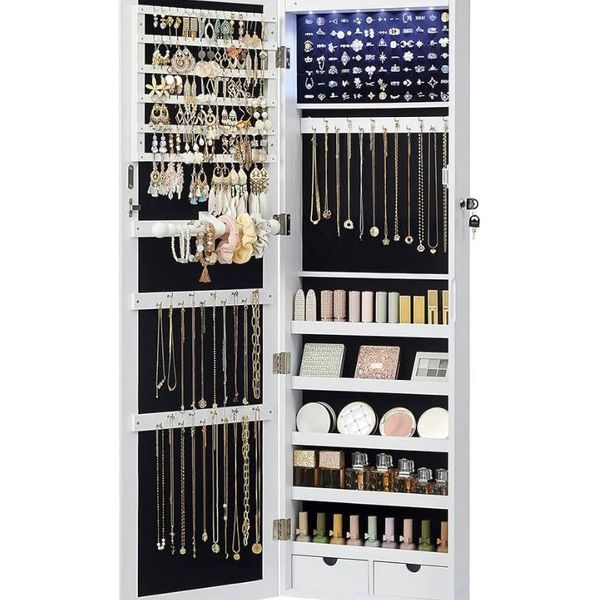 SONGMICS LED Mirror Jewelry Cabinet 47.2” – Lockable Wall/Door Mounted (UJJC93W) | New in Box