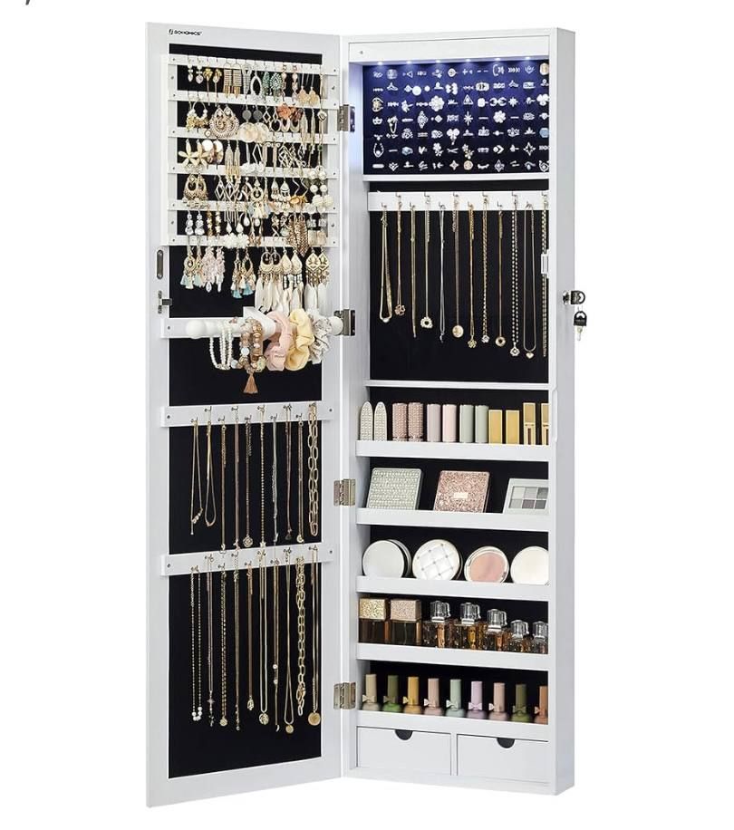 SONGMICS LED Mirror Jewelry Cabinet 47.2” – Lockable Wall/Door Mounted (UJJC93W) | New in Box 1
