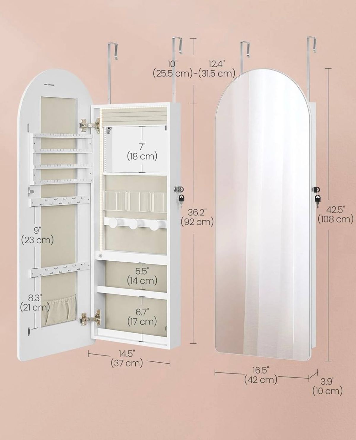SONGMICS Wide LED Jewelry Cabinet with Arched Mirror | Brand New in Box 3