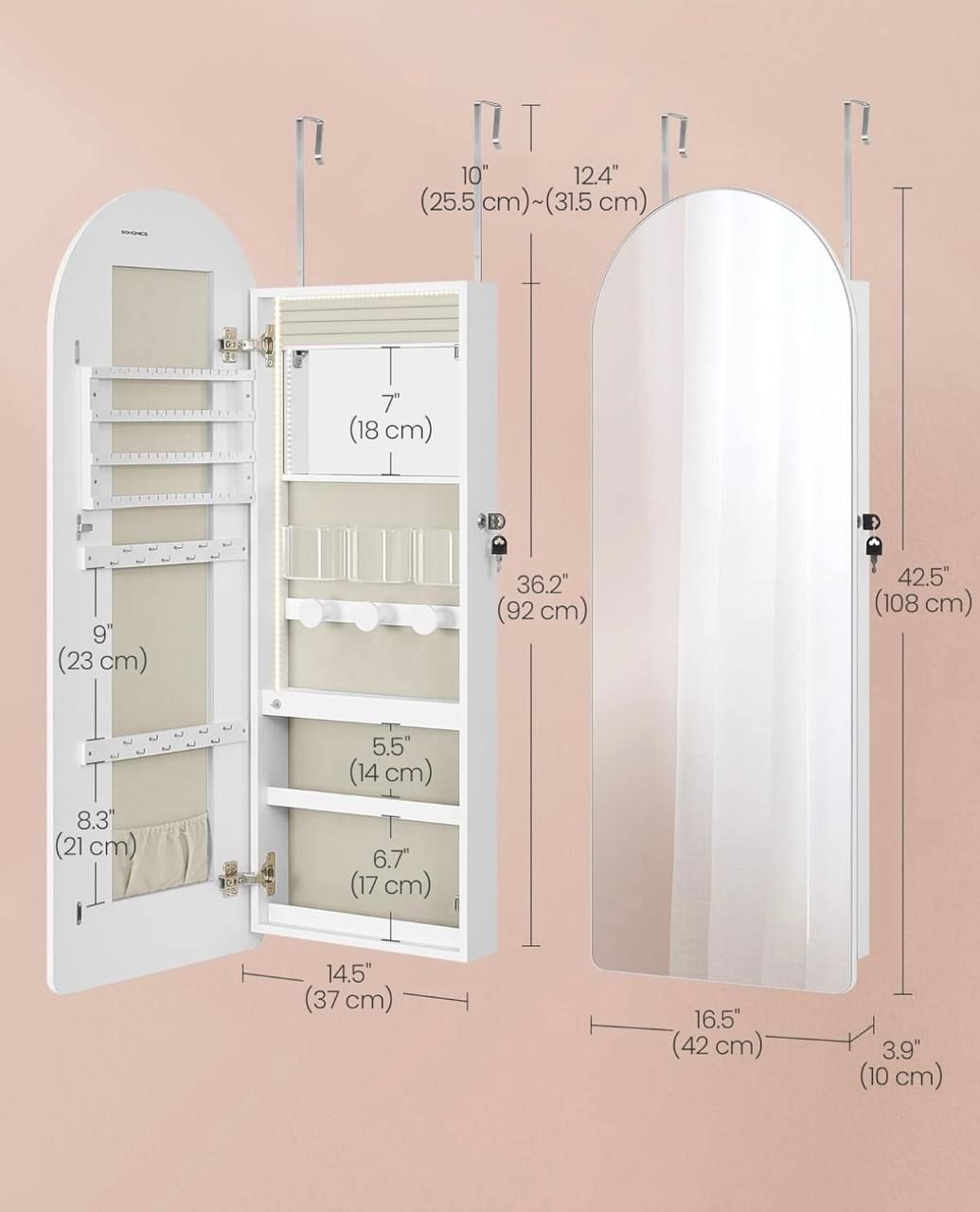 SONGMICS Wide LED Jewelry Cabinet with Arched Mirror | Brand New in Box 3