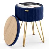 Round Pleated Velvet Ottoman with Storage – Blue & Gold 4