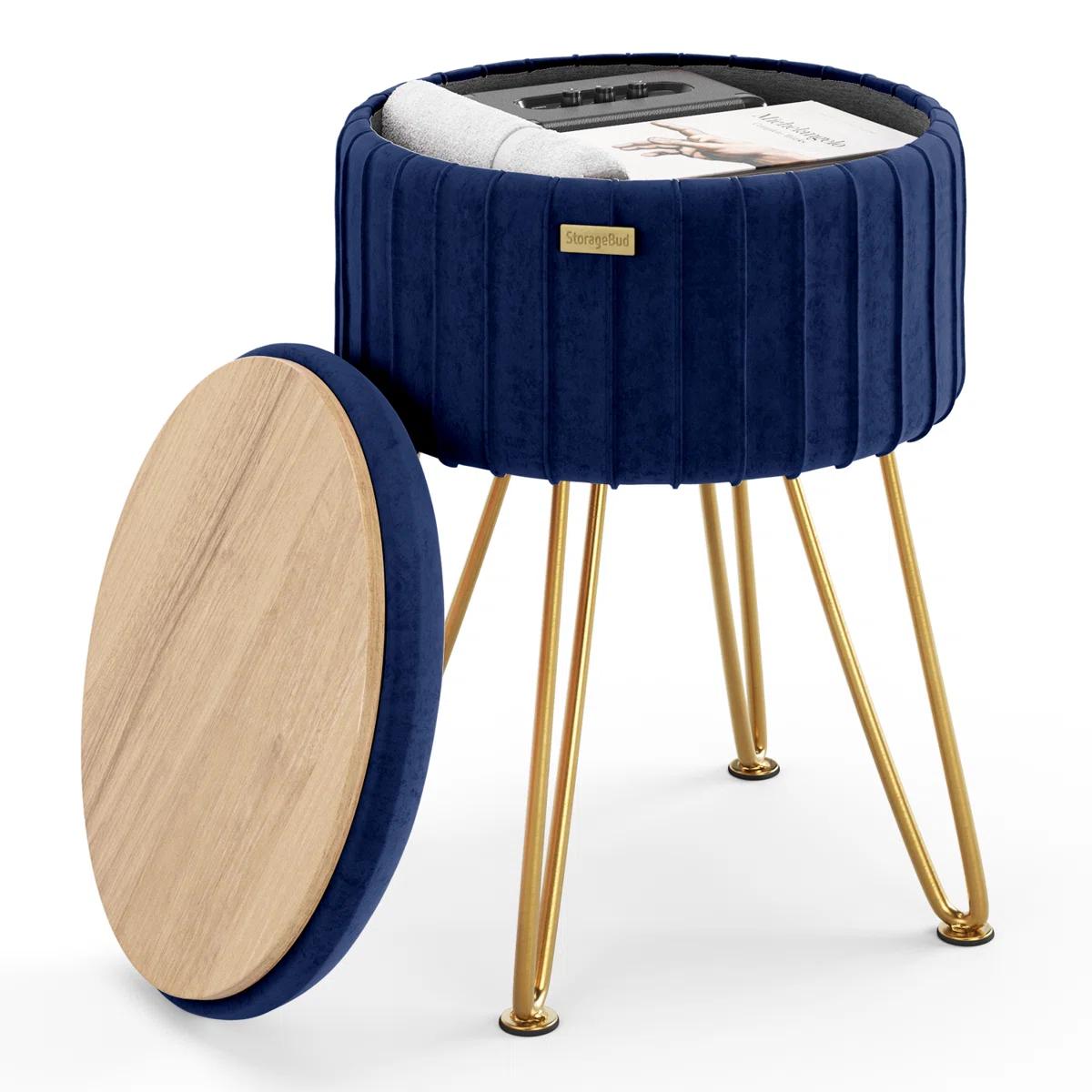 Round Pleated Velvet Ottoman with Storage – Blue & Gold 4