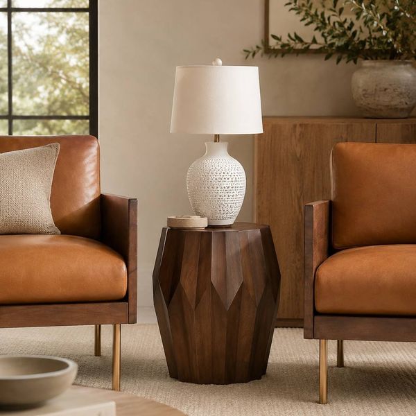Azevedo Solid Wood Drum End Table – Deep Brown | Brand New in Box