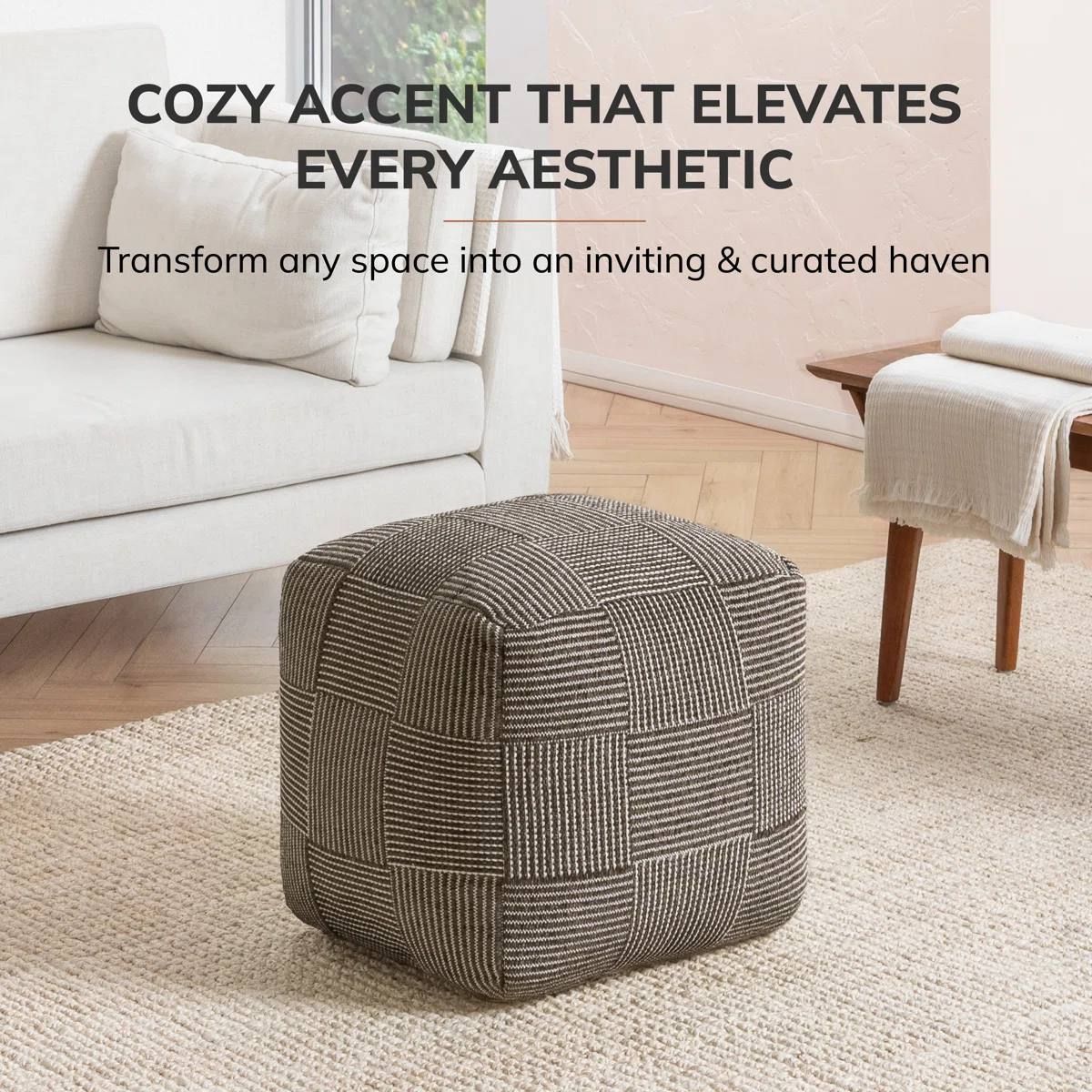Marta 20” Mocha Grid Upholstered Pouf Ottoman – Brand New 6