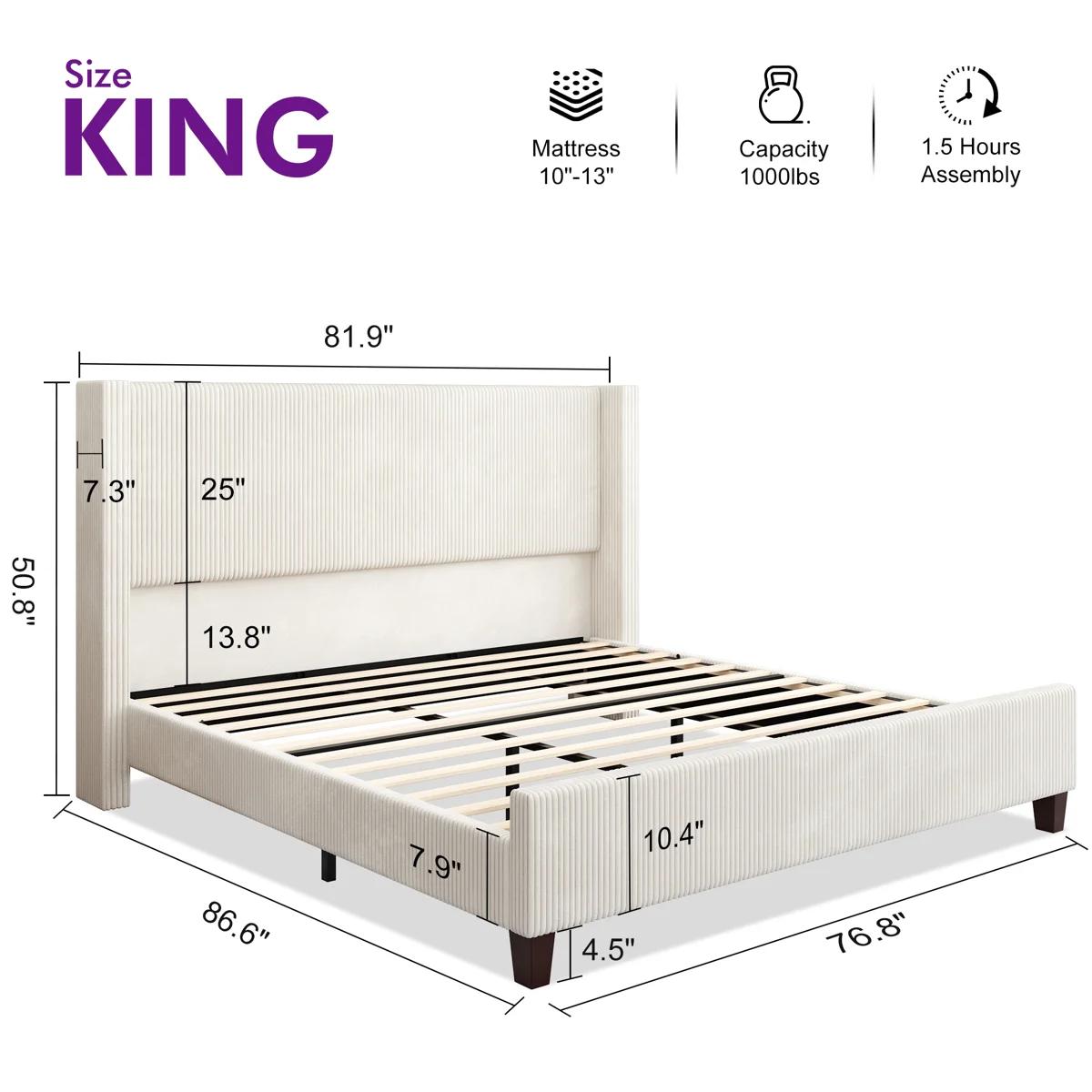 Wauseon Corduroy Upholstered Bed – King, Cream 3