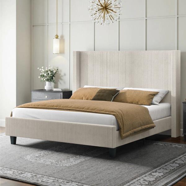 Wauseon Corduroy Upholstered Bed – King, Cream
