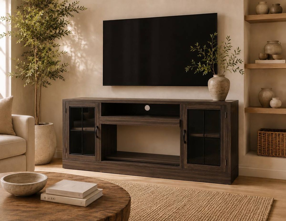 3-Sided Farmhouse TV Stand for TVs up to 75” – Dark Brown 1