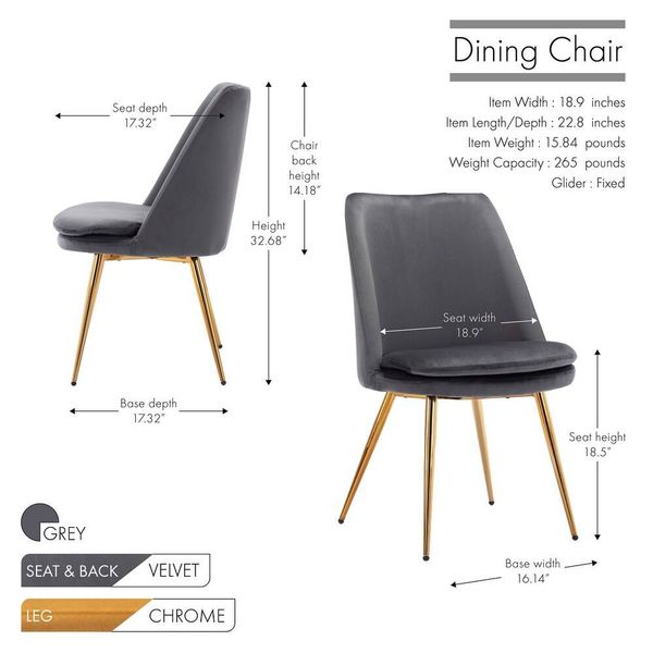 Porthos Home Tori Dining Chair | Grey Velvet | Gold Legs | TFC105 | Brand New