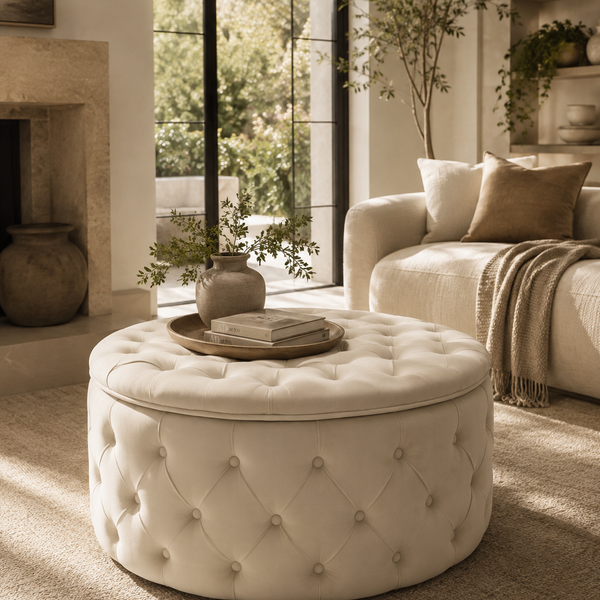 Porthos Home Fiene Round Storage Ottoman – Cream