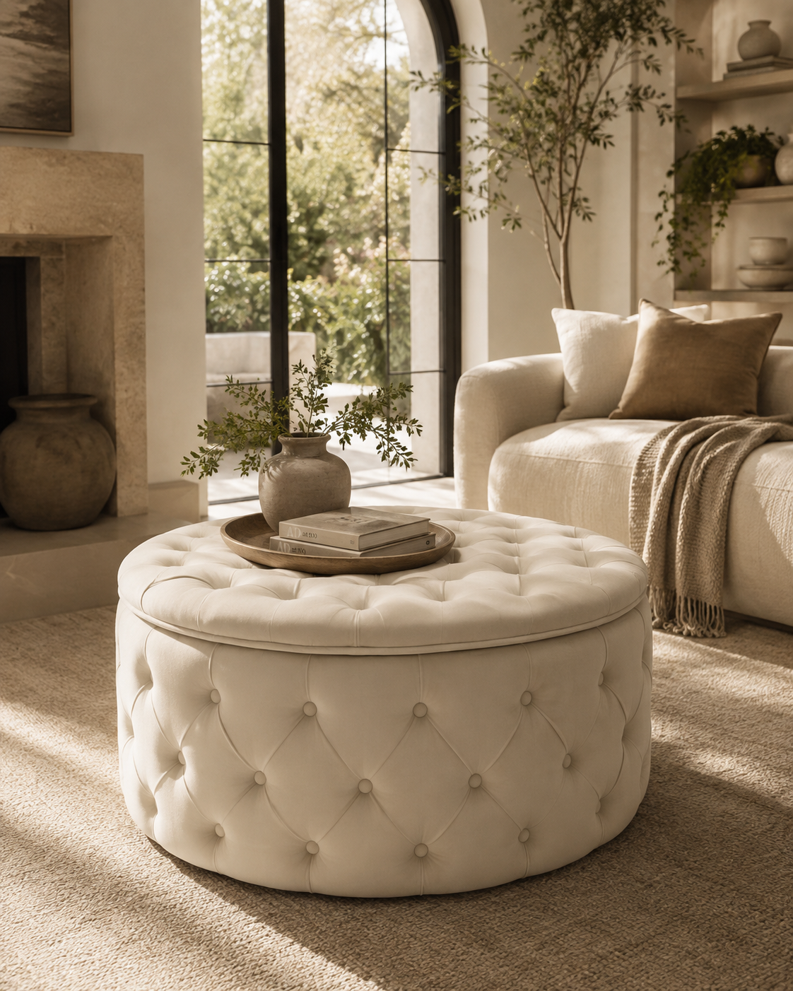 Porthos Home Fiene Round Storage Ottoman – Cream 1
