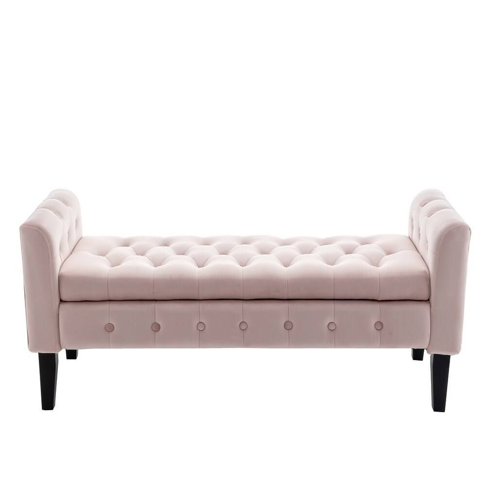 Pink velvet bench with hidden storage compartment