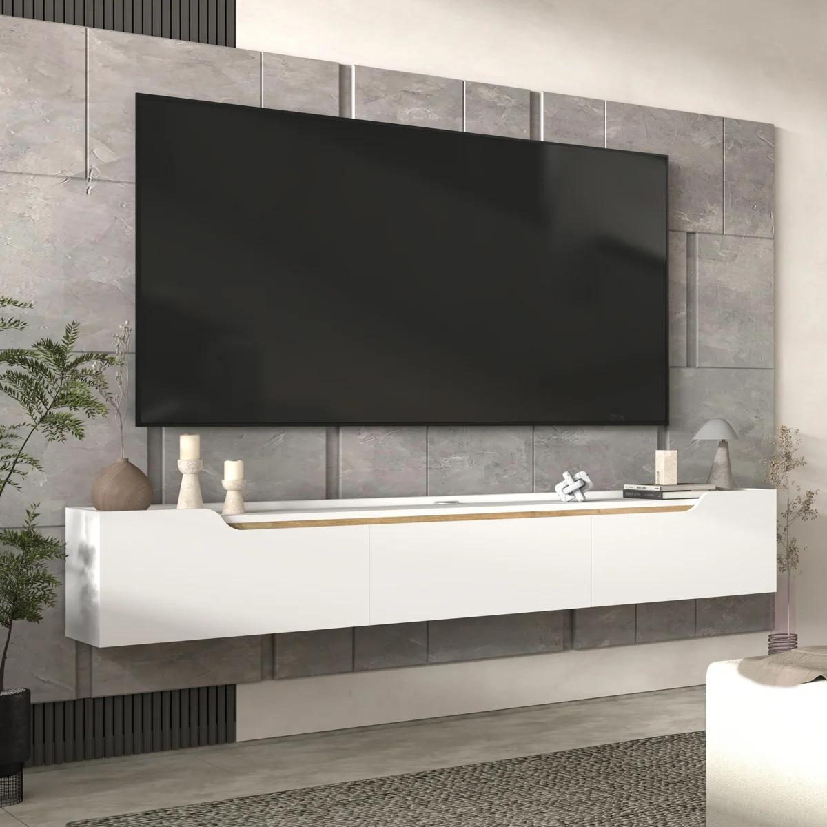 Wall-Mounted TV Stand 80” — White/Natural Wood | Eva | New 3