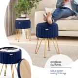 Round Pleated Velvet Ottoman with Storage – Blue & Gold 5