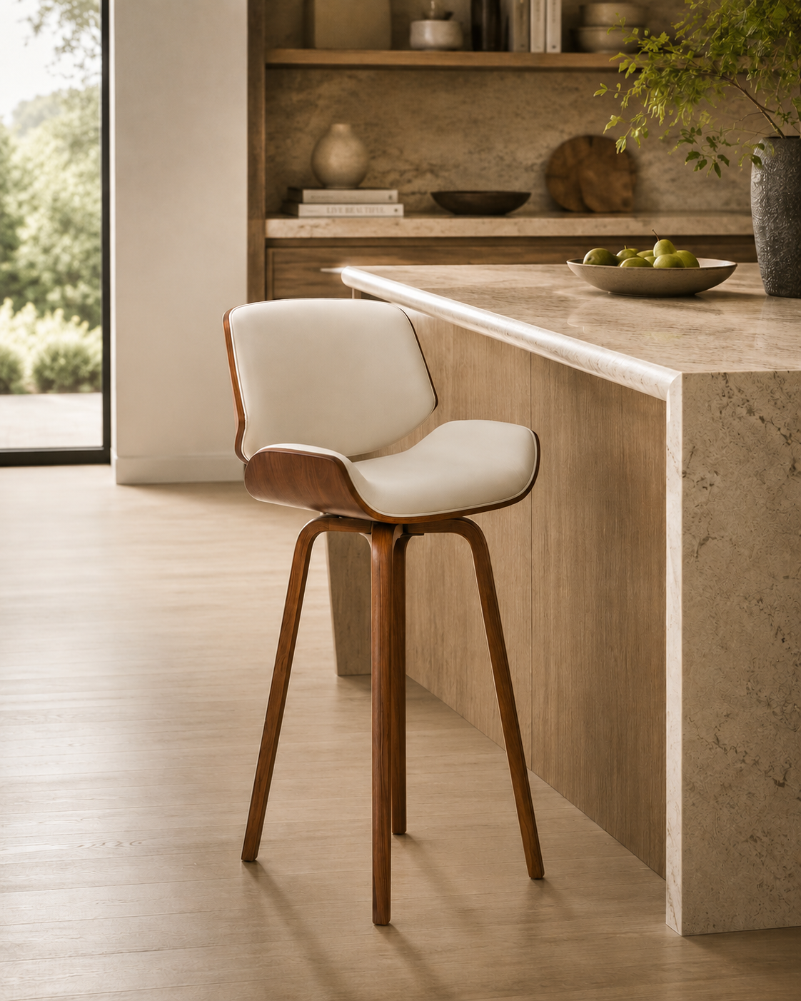 Porthos Home Oma Bar Stool – PU Leather, Walnut Wood Legs 1