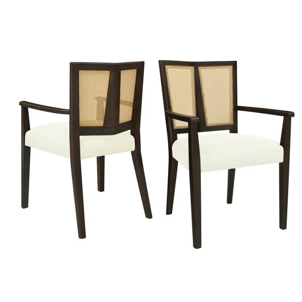 Set of 4 Jad Wooden Dining Chairs with PE Rattan Backs – Beige Upholstery, Dark Brown Legs