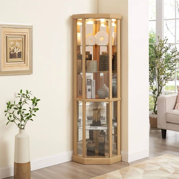 Therris Corner Lighted Curio Cabinet | Oak | Assembled