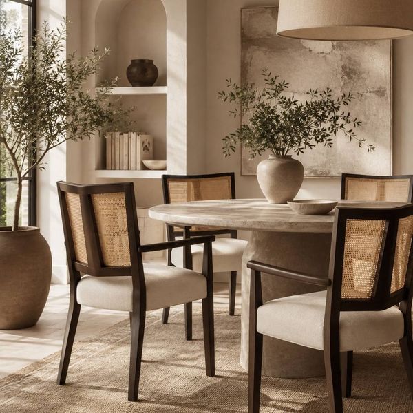 Set of 4 Jad Wooden Dining Chairs with PE Rattan Backs – Beige Upholstery, Dark Brown Legs