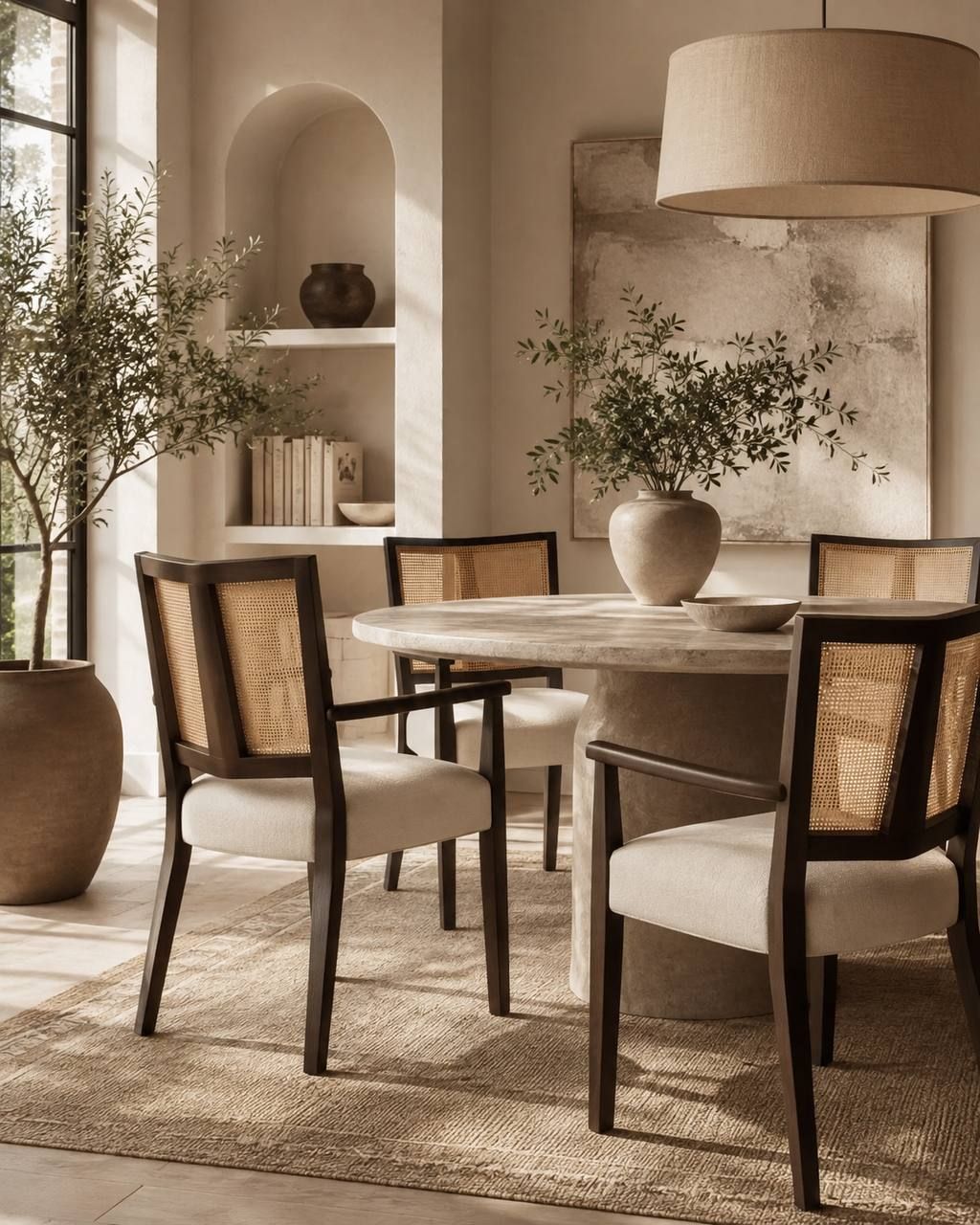 Set of 4 Jad Wooden Dining Chairs with PE Rattan Backs – Beige Upholstery, Dark Brown Legs 1