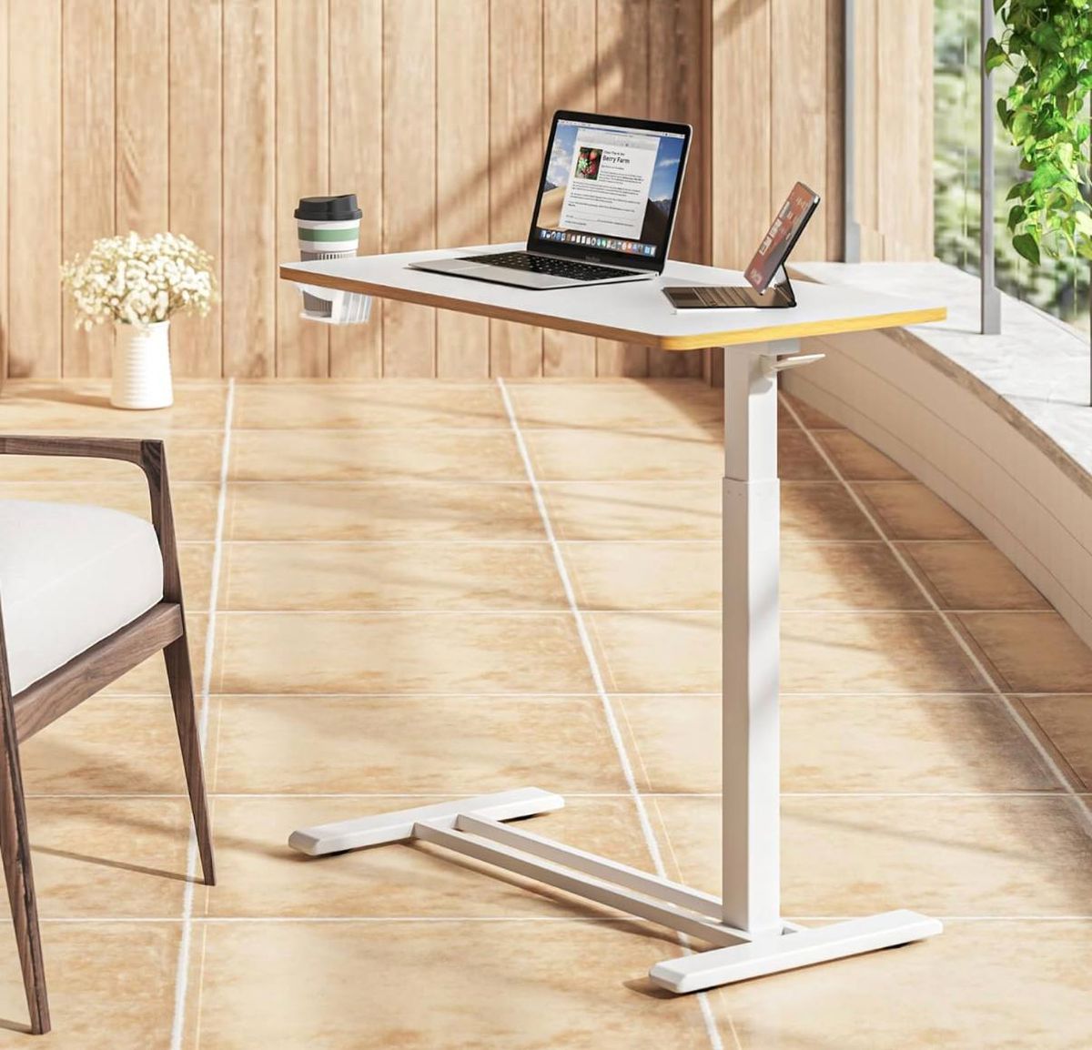 SANODESK Mobile Standing Desk – 31.5” x 17.7” | Pneumatic Height | White + Maple | New in Box 2