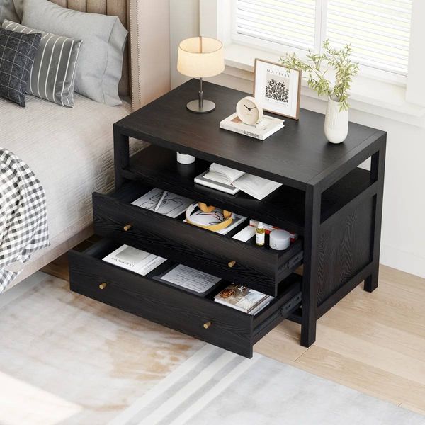Modern Large 2-Drawer Nightstand with Open Storage – New, Assembled