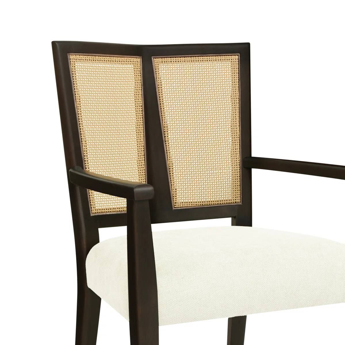 Set of 4 Jad Wooden Dining Chairs with PE Rattan Backs – Beige Upholstery, Dark Brown Legs 8