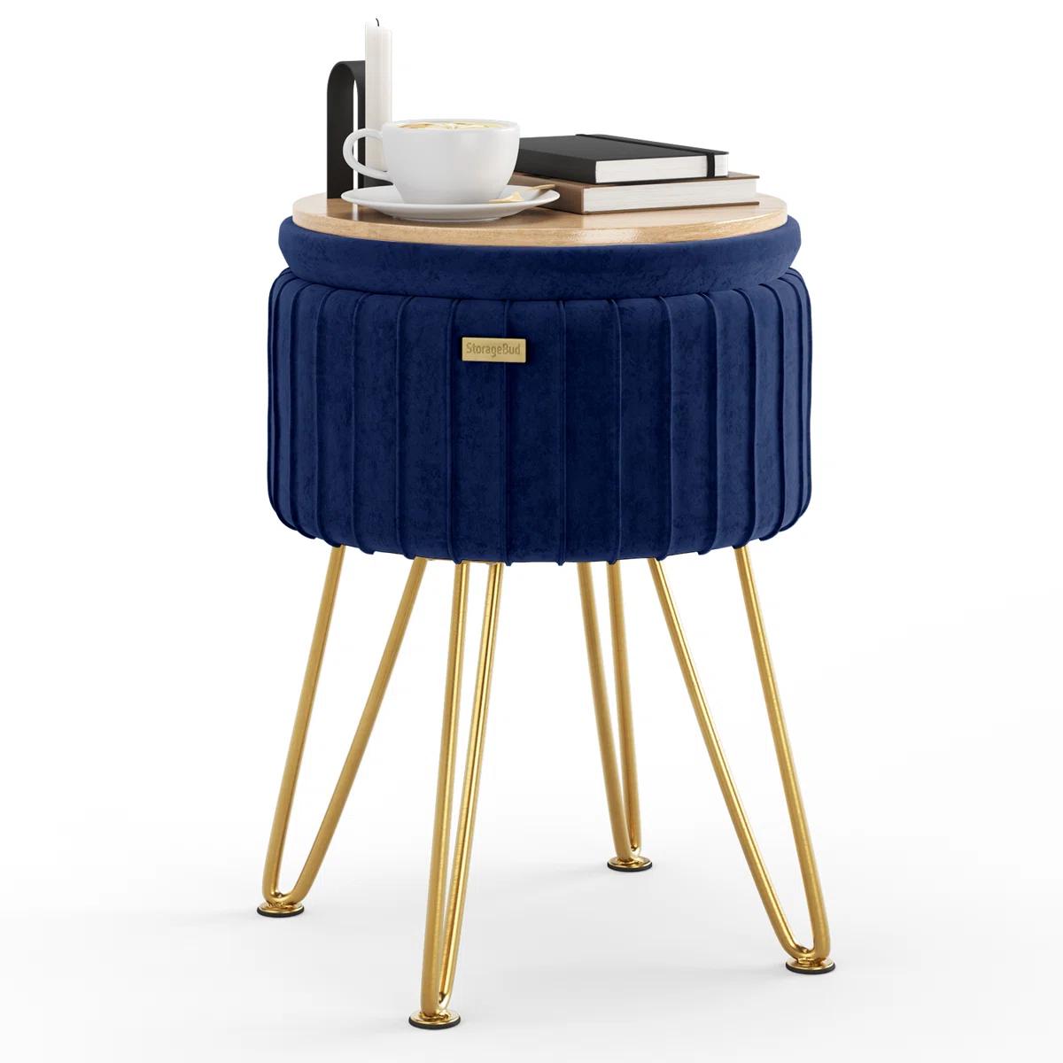 Round Pleated Velvet Ottoman with Storage – Blue & Gold 3