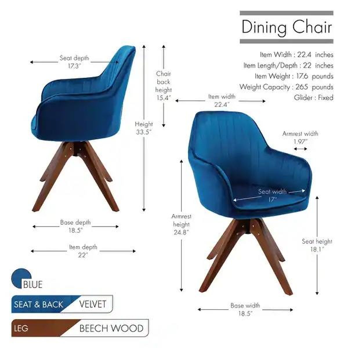 Porthos Home Oana Velvet Swivel Dining | Office Chair – Blue 2