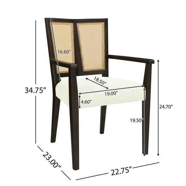 Jad Wooden Dining Chairs Set of 2 – PE Rattan Back, Beige Upholstery, Dark Brown Legs | Brand New in Box