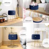 Round Pleated Velvet Ottoman with Storage – Blue & Gold 2