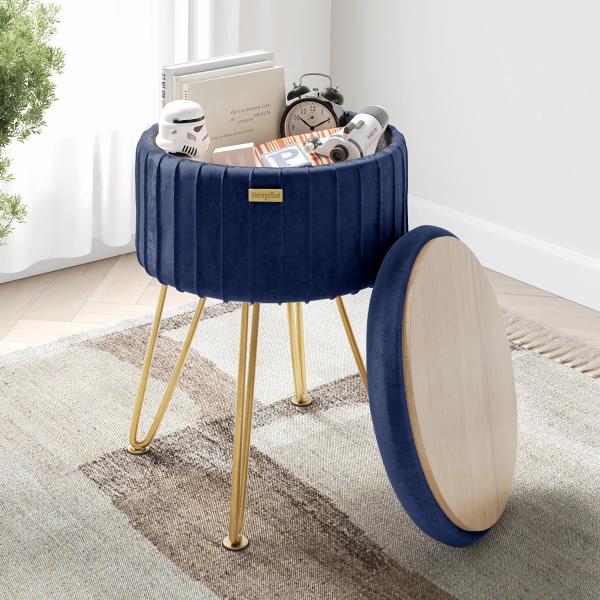 Round Pleated Velvet Ottoman with Storage – Blue & Gold