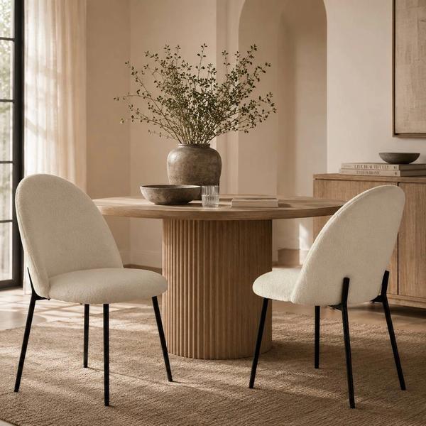 Modern Boucle Dining Chairs – Set of 2 | White Upholstered Chairs with Black Metal Legs | Brand New