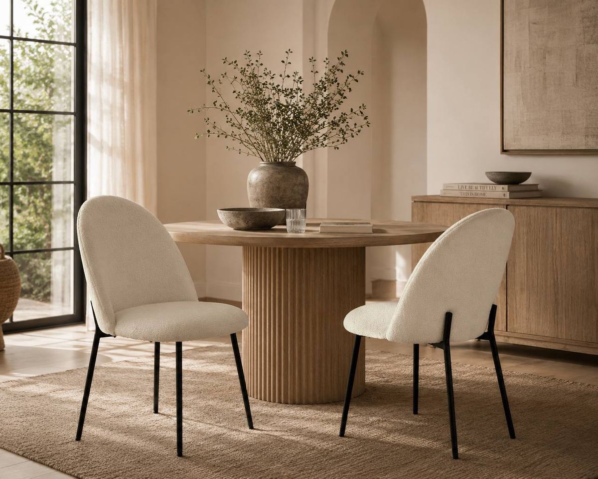Modern Boucle Dining Chairs – Set of 2 | White Upholstered Chairs with Black Metal Legs | Brand New 1