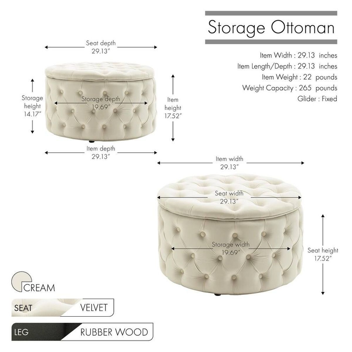 Porthos Home Fiene Round Storage Ottoman – Cream 4