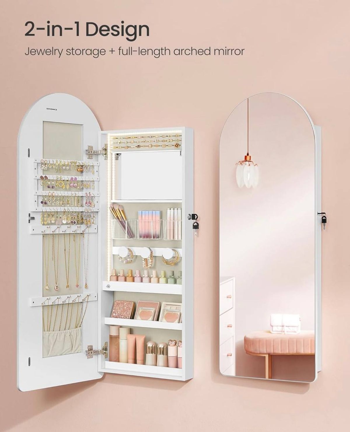 SONGMICS Wide LED Jewelry Cabinet with Arched Mirror | Brand New in Box 2