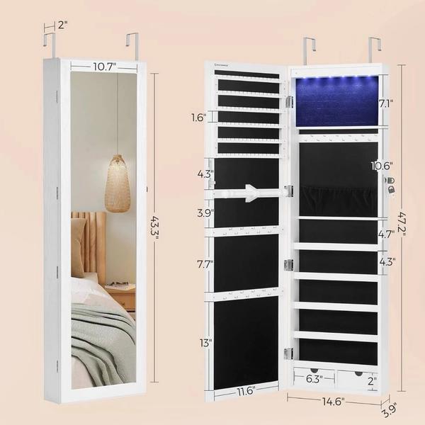 SONGMICS LED Mirror Jewelry Cabinet 47.2” – Lockable Wall/Door Mounted (UJJC93W) | New in Box