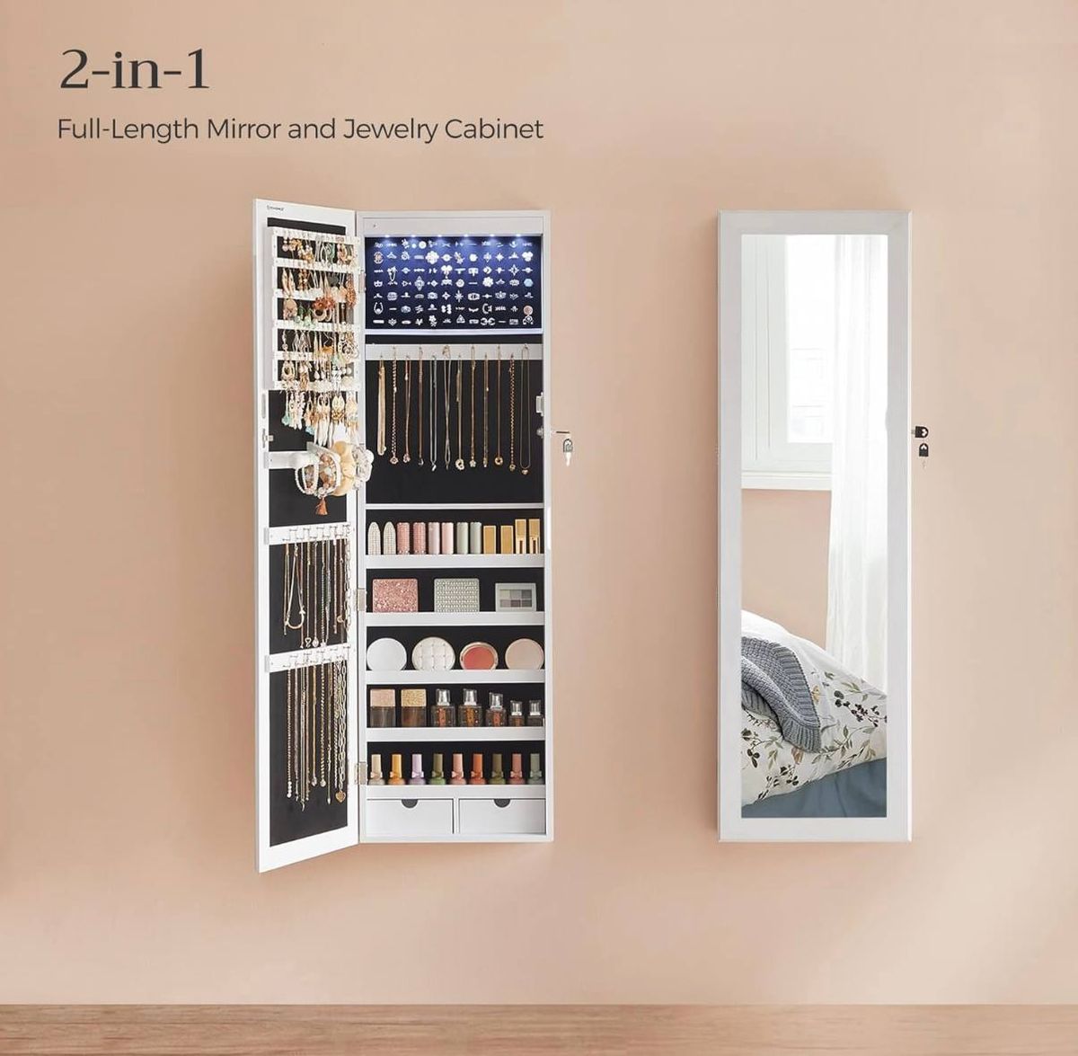 SONGMICS LED Mirror Jewelry Cabinet 47.2” – Lockable Wall/Door Mounted (UJJC93W) | New in Box 3
