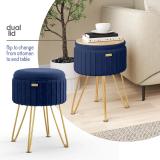 Round Pleated Velvet Ottoman with Storage – Blue & Gold 6