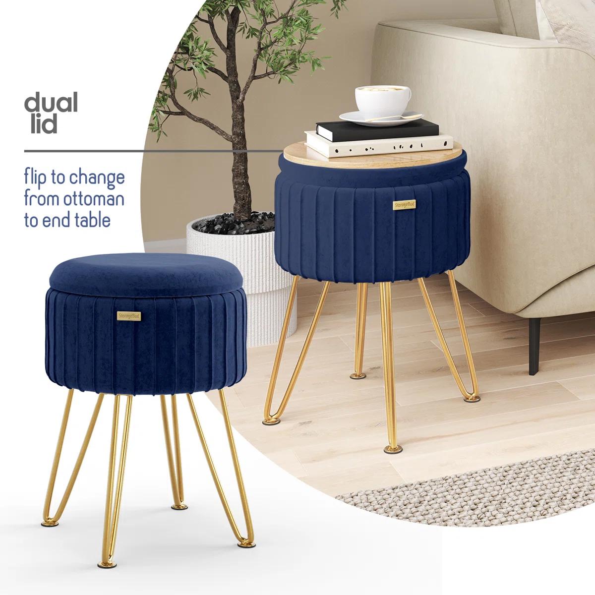 Round Pleated Velvet Ottoman with Storage – Blue & Gold 6