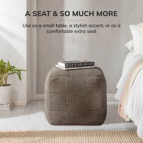 Marta 20” Mocha Grid Upholstered Pouf Ottoman – Brand New