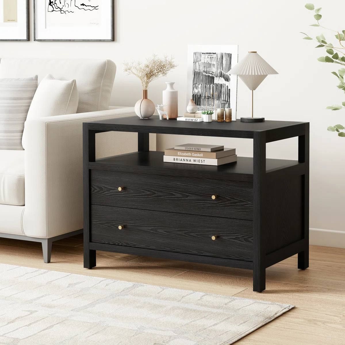 Modern Large 2-Drawer Nightstand with Open Storage – New, Assembled 1