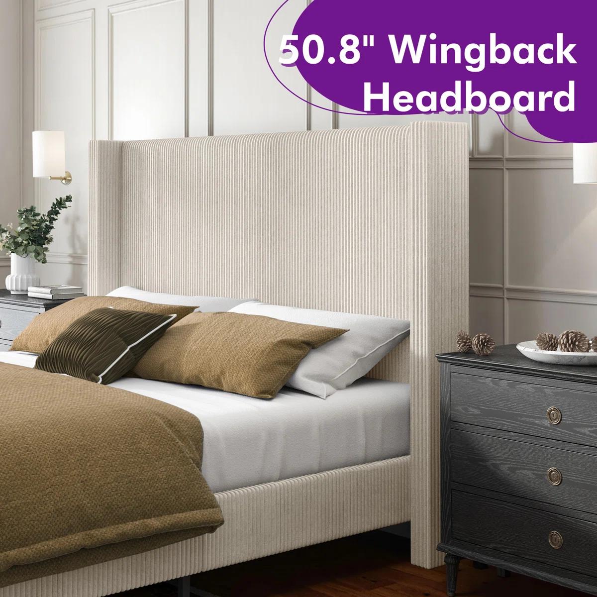 Wauseon Corduroy Upholstered Bed – King, Cream 5