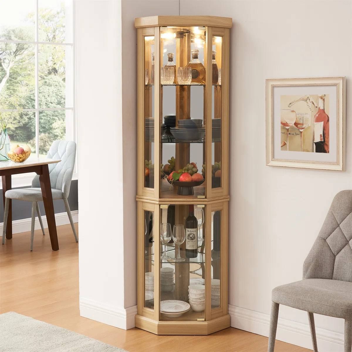 Therris Corner Lighted Curio Cabinet | Oak | Assembled 5