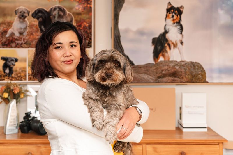 Pet photographer Ina J in a white top holding a small grey dog, standing in front of large framed dog portraits in her studio